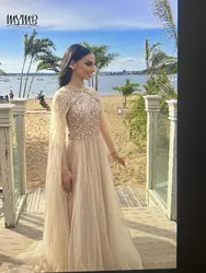 MYMB 럭셔리 그레이 케이프 소매 A라인 비즈 우아한 여성 웨딩 하객 원피스, 아랍 이브닝 파티 vestidos de gala DKN0344