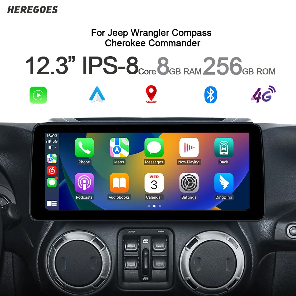 720P Android 14 Car Multimedia Video Player For Jeep Wrangler Cherokee Compass Liberty GPS CarPlay Car Radio Bluetooth 256G Wifi