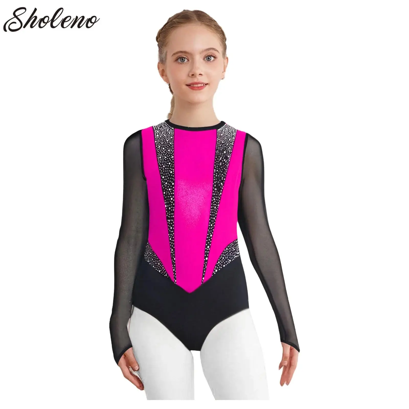 

Girls Sparkly Rhinestone Ballet Dance Leotard Long Sleeve Sheer Mesh Bodysuits Ice Skating Uniform Gymnastics Ballet Dancewear