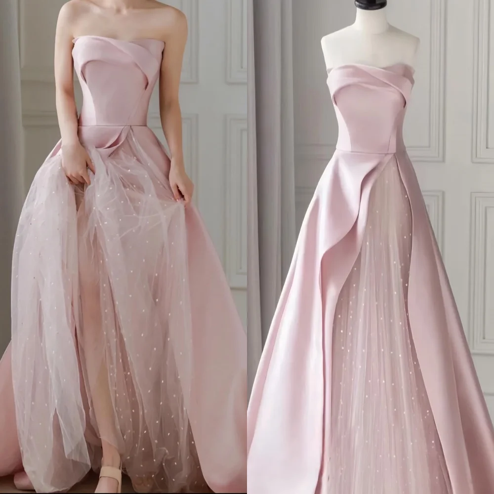  Evening Satin Draped Pleat Cocktail Party A-line Strapless Bespoke Occasion Gown Long Dresses Saudi Arabia