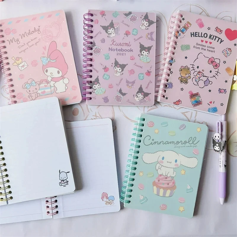 Sprzedaż hurtowa Sanrio Anime Cartoon Coil Notebook Hello Kitty Kuromi A5 luźny notatnik do notebooka śliczny dziewczęcy serce