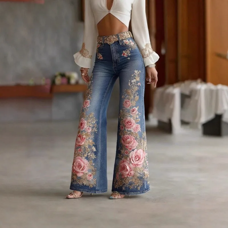 بنطال جينز نسائي عصري بقصة ضيقة مع بنطال جينز أنيق بطبعة زهور ثلاثية الأبعاد رقمية واقعية للارتداء اليومي وغير الرسمي