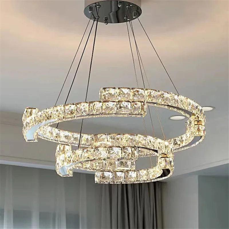 Modern luxury crystal chandelier villa staircase LED dimming chandelier layered chrome chandelier