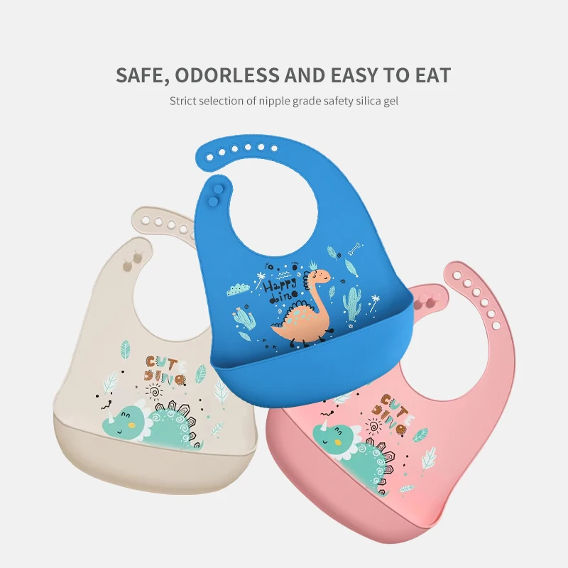 1pcs Waterproof Baby Bibs  Cartoon Dinosaur Printed Kids Bibs  Adjustable Soft Silicone Bib Baby Feeding Stuff