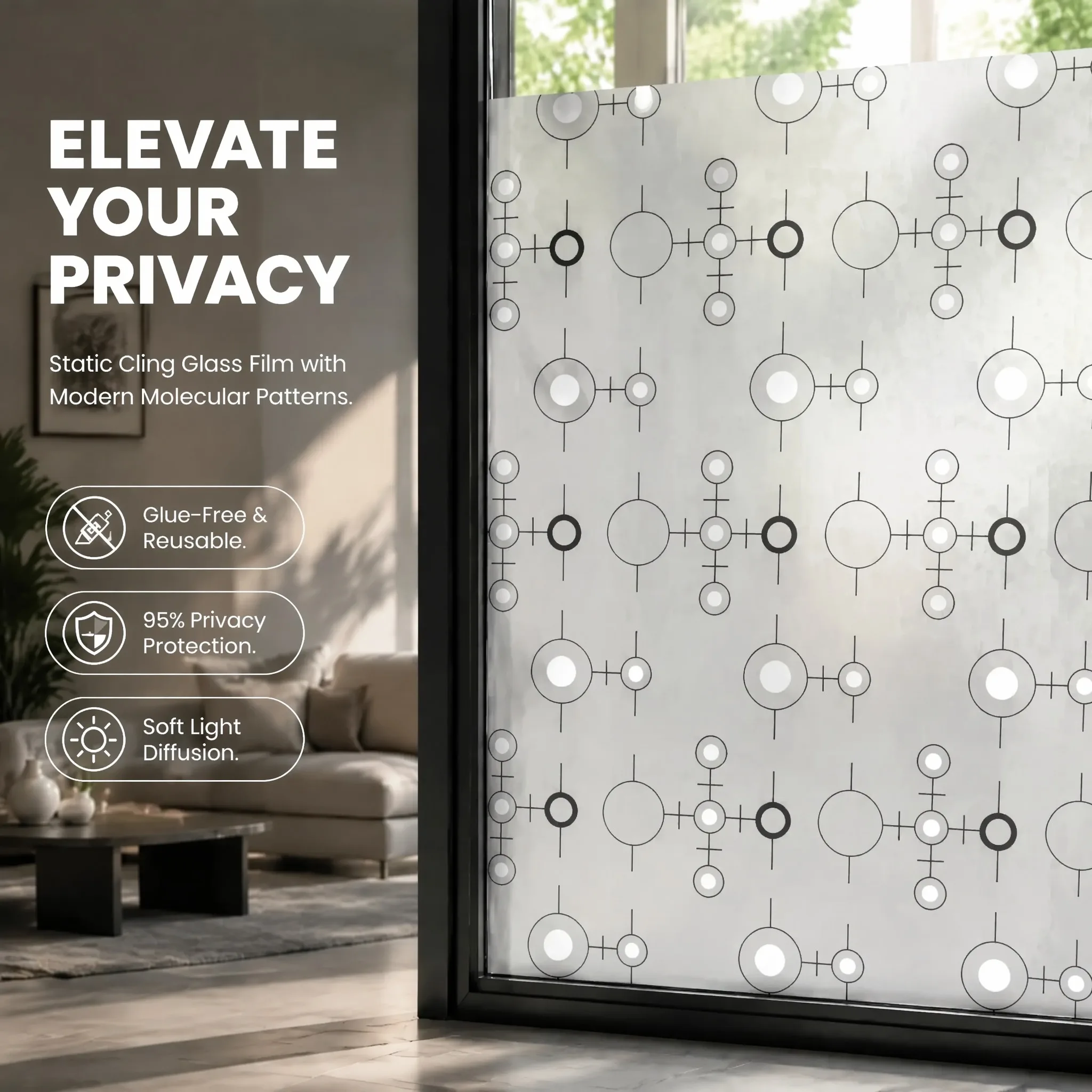 Modern Self-Adhesive Circle Geometric Window Film Decorative Privacy Static Cling for Home Decor