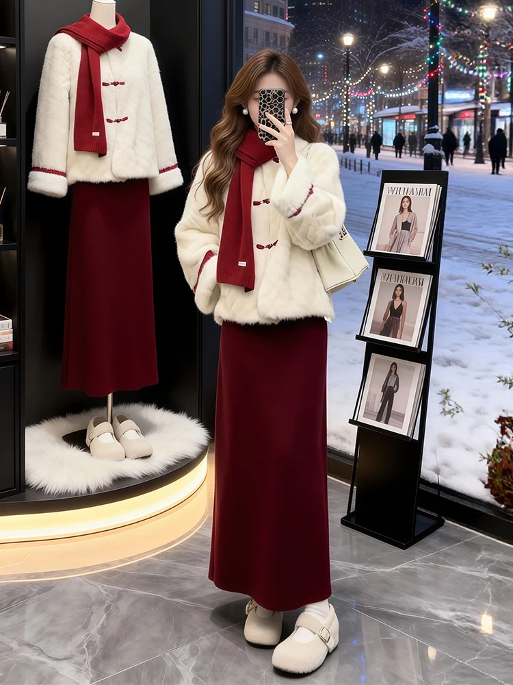 

Winter New Style Large Size Women's Fashion Set White Jacket Red Skirt National Style Casual Loose Fit Warm Outerwear