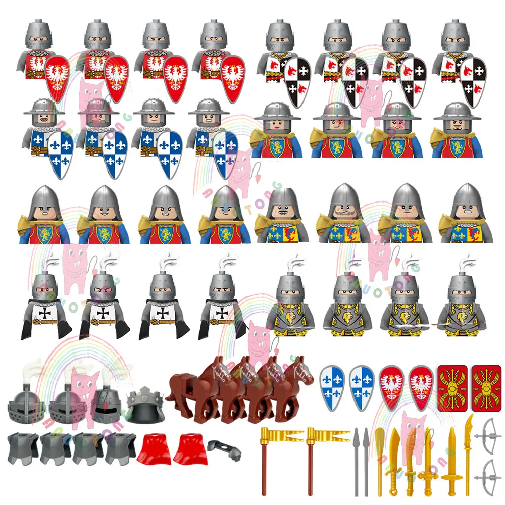 Medieval Military Knight MOC Building Blocks Castle Soldier Figures Weapons Accessories Helmet Shield Bricks Gift Toys Kids