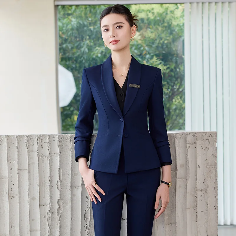 Gray Professional Suit Set for Women, Spring and Autumn, Elegant Hotel Front Desk Uniform, Waiter Workwear, Blazer Jacket