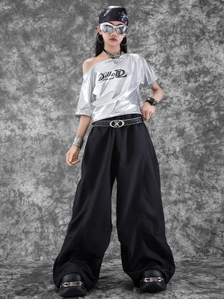 

2025 Kids Hip Hop Clothing Girls Jazz Dance Clothes Silver Tops Black Pants Summer Stage Performance Costume Kpop Outfit BL16624