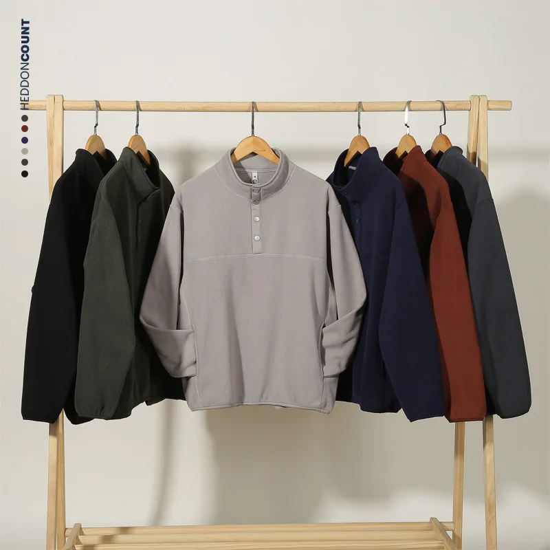 2025 Japanese Style Fashion Men's Solid Color Polar Fleece Casual Trendy Simple Basic Stand Collar Button Pullover Sweatshirts