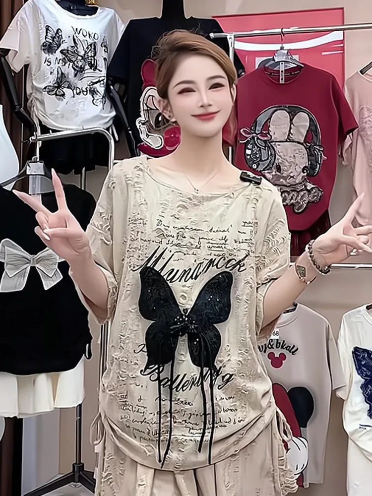 

Summer New Knot Design Loose Versatile Hem Tie round Neck Short Sleeve T-Shirt European Heavy Industry 2026