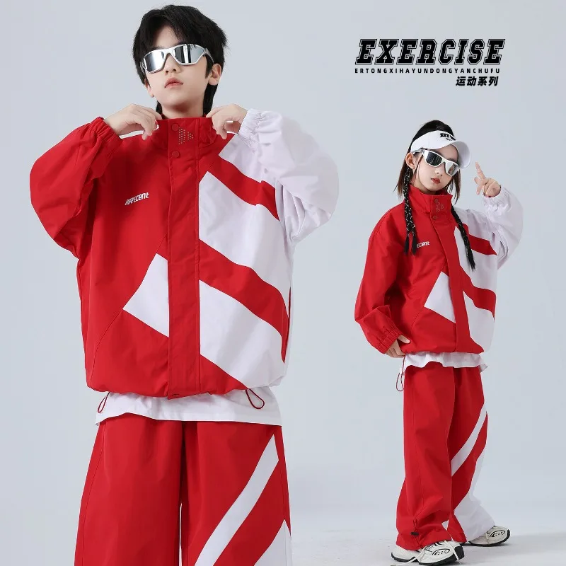 Kids Hip Hop Clothing Block Windbreaker Jacket Casual Jogger Pants for Girls Boys Jazz Dance Wear Costumes Clothes 2025 New