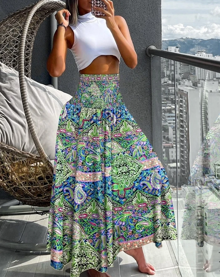 Calça feminina de pernas largas, calça casual de férias, estampa floral tribal boho vintage, mais recente, primavera, verão, 2022