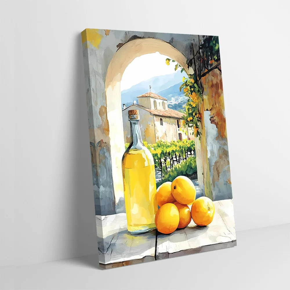 Póster de limones y vino en una aldea italiana, pintura en lienzo impresa personalizable, arte de pared, regalo para decoración de habitaciones, decoración de baño