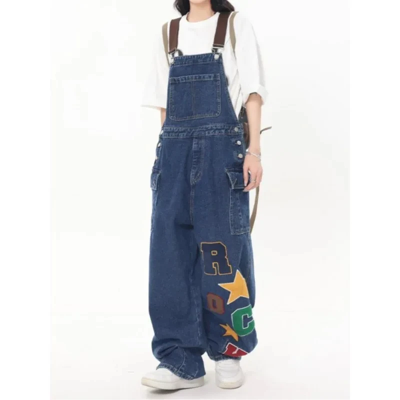 

American Style Fashion Denim Overalls Women High Street Hiphop Print Loose Wide Leg Slimming Casual One-Piece Pants Y2k Trend