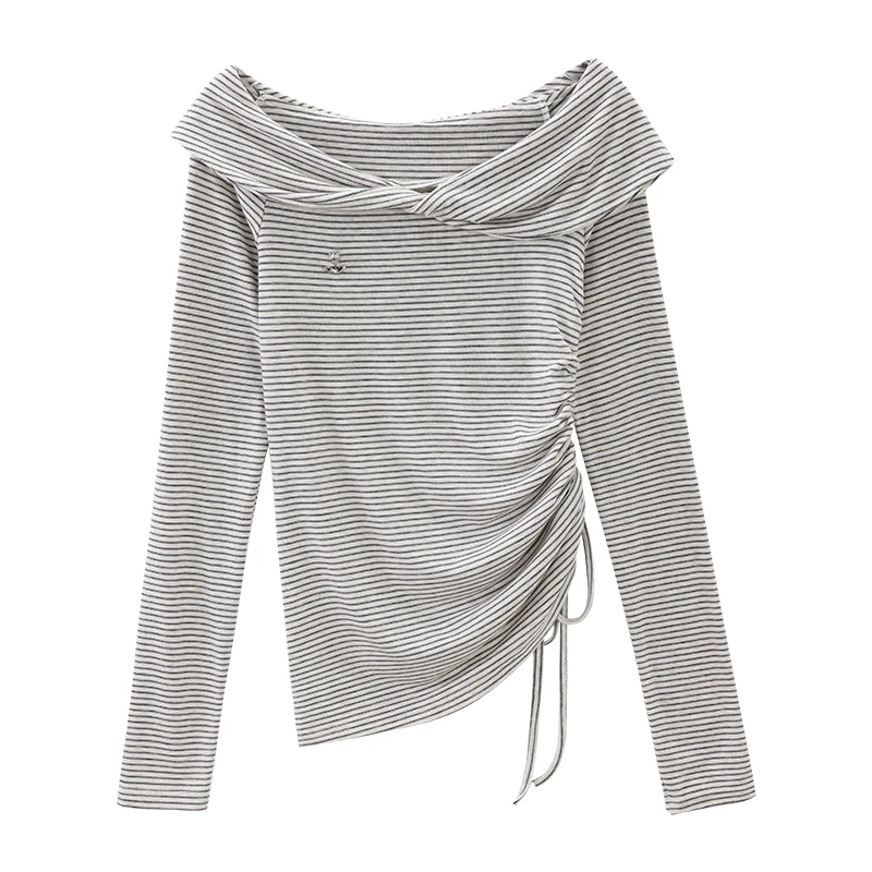 ALXNAN Plue Size Black White Striped T-shirt Women's Irregular One-shoulder Long Sleeve T-shirts Slim-fit Tops Female D12607