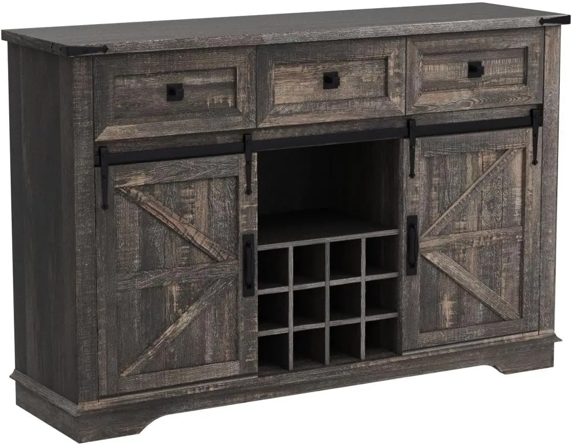 OKD Farmhouse Wine Bar Cabinet w/Sliding Barn Door, 54" Kitchen Coffee Bar Cabinet w/Wine & Glass Rack, Storage Shelves,