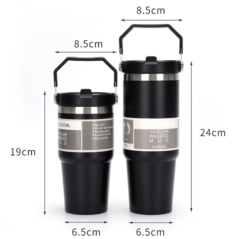 Thermos Bottle Coffee Cup Stainless Steel Tumbler with Straw & Handle Double Walled Travel Mug Vacuum Flask Car Water Bottle