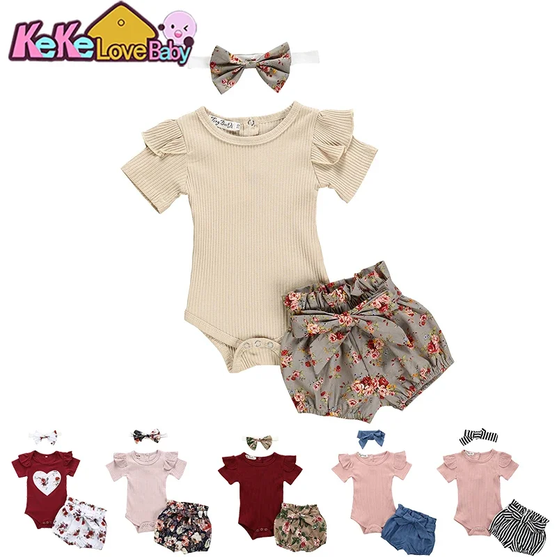 Set di vestiti per neonata tinta unita estiva manica corta pagliaccetto pantaloncini a fiori fascia 3 pezzi outfit abbigliamento per neonato neonato