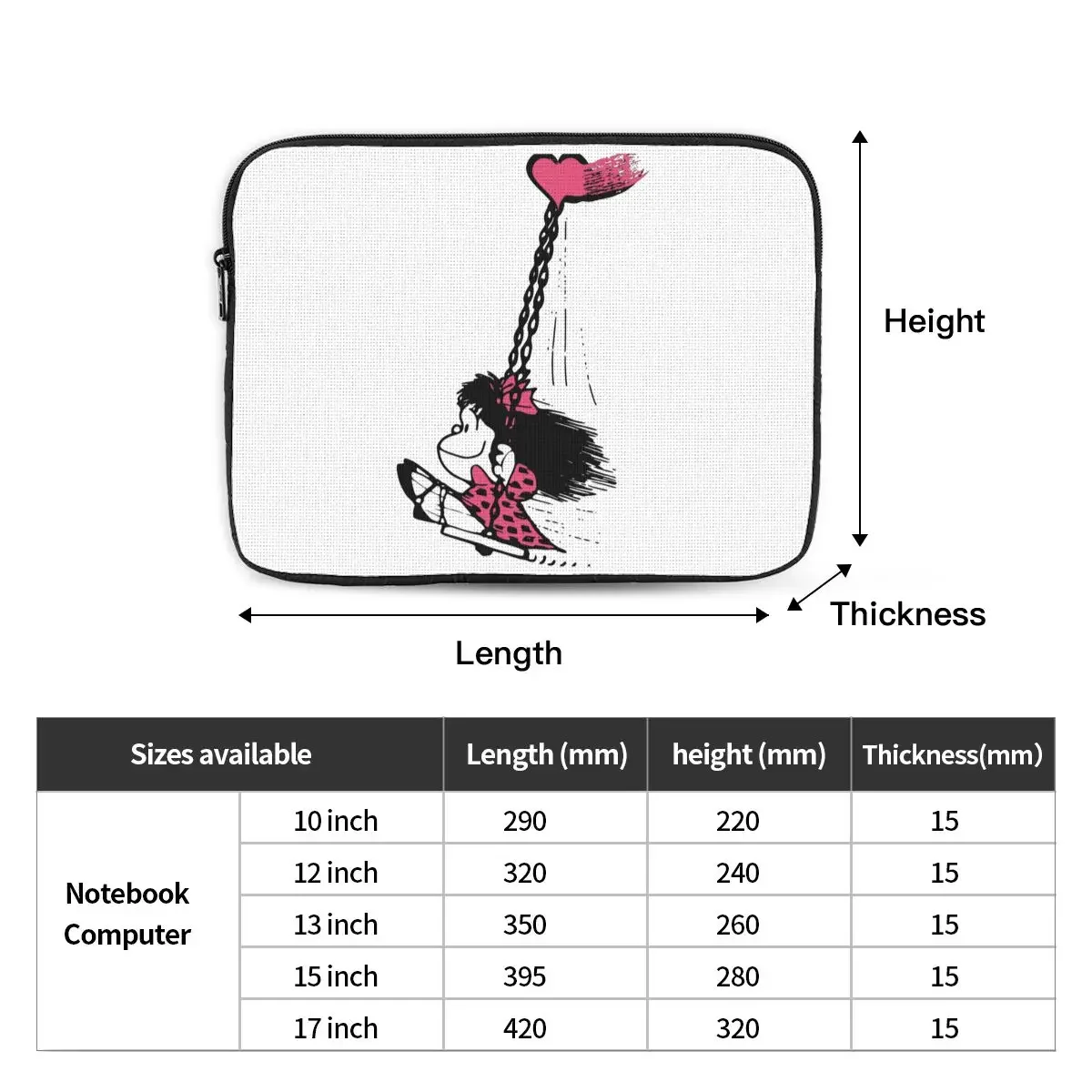 Love You Laptop Sleeve Case for Macbook Air Pro Mafalda Cartoon Notebook Sleeve Cover Bag Shockproof Case Bag for Men Women