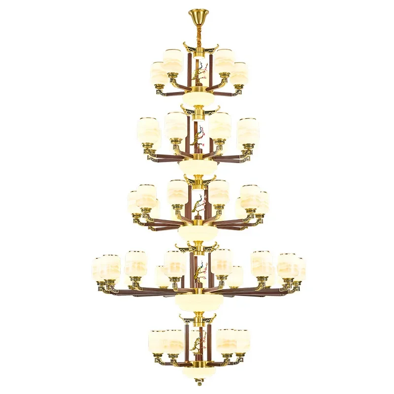 New Chinese Style Solid Wood Copper Chandelier for Villa Living Room Duplex Hall Restaurant High End Atmosphere Long Pendant