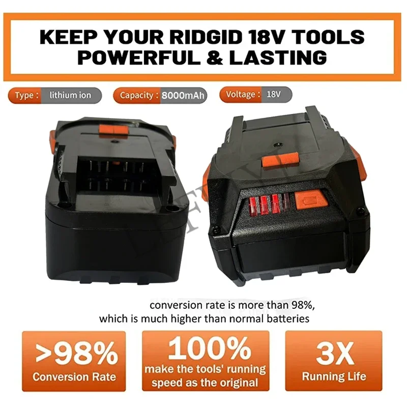 Outils de perceuse sans fil pour batterie au lithium Ridgid, R840087, AC840087P, 8000mAh, 18V, R840083, R840085, R840086, AC840085, AC840086, AC840089