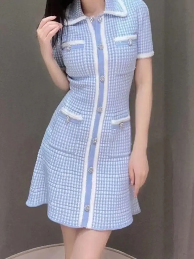 

Women Blue Plaid Mini Dress Single Breasted Short Sleeve Turn-down Collar Sweet 2024 Summer Knitted Robe