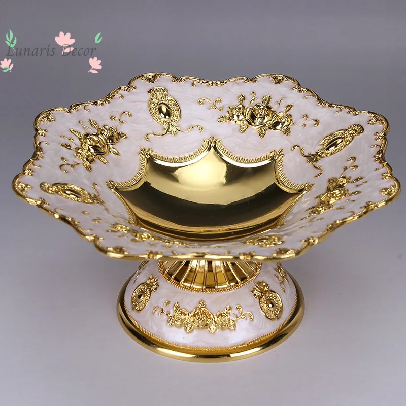 

Vintage Style Gold & White Enamel Compote Bowl with Pedestal Candy Snack Serving Tray