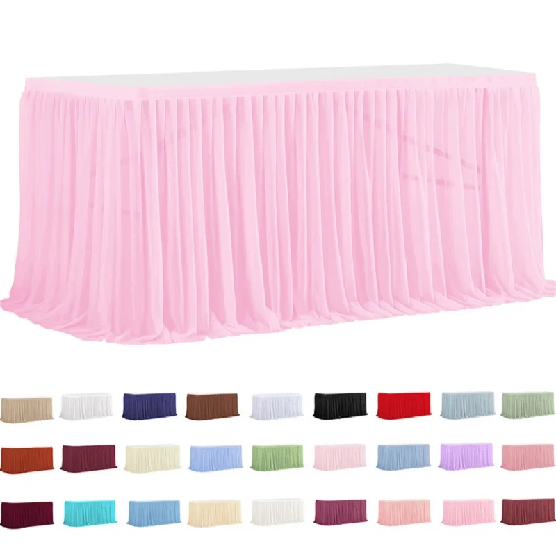 Pearl Chiffon Pleated Table Wrap Birthday Party Wedding Decoration Table Skirt, Ruffle Edge Elastic Sheer Table Skirt