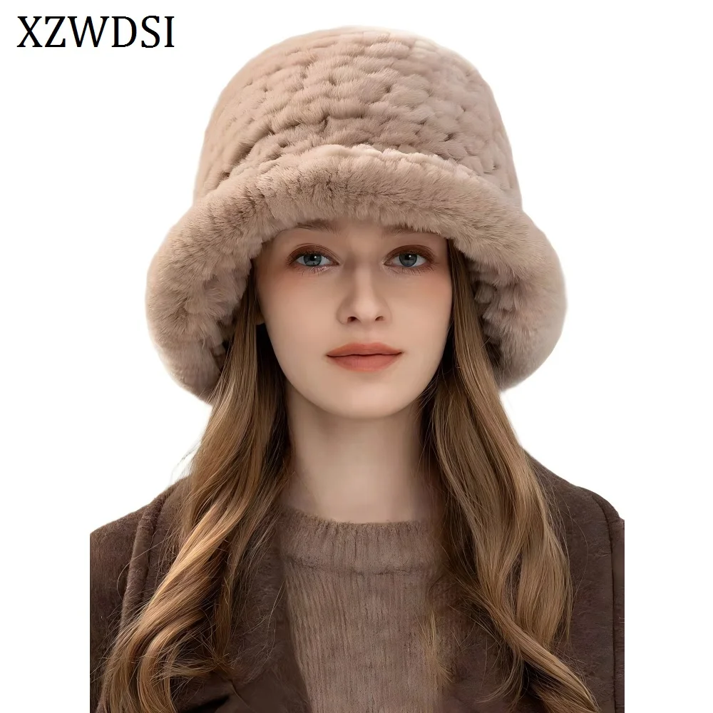 女性用アウトドア冬用暖かい天然レックスラビットファーハット-レディースニットふわふわバケットハット
