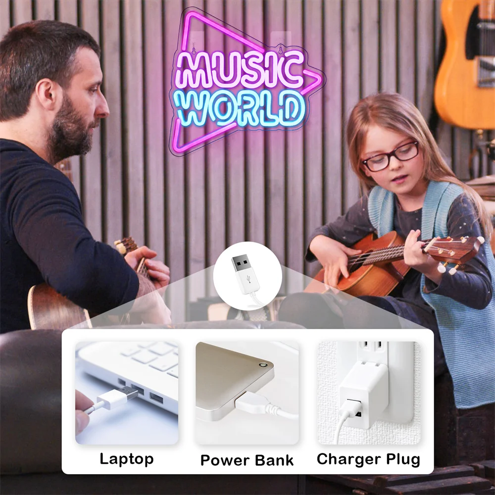 Music World Neon Signs and Letters Lights, Azul e Roxo, Hanging Room Decor, Jogo de LED, Clube, Music Bar Party, Decoração de parede