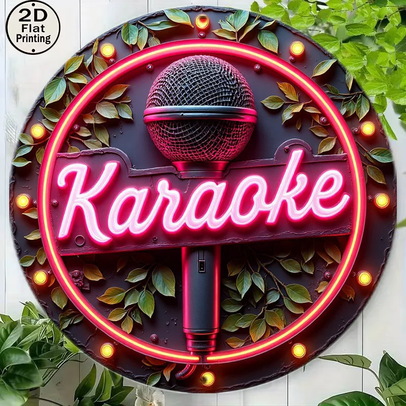 Round Metal Tin Sign Karaoke Microphone Fake Neon Wall Decor, Non LED 2D Flat Metal Plaque For KTV Bar Pub