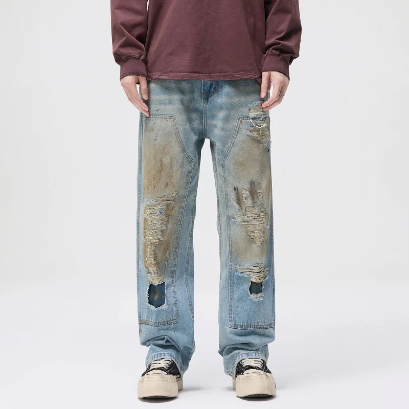 

Модные мужские джинсы прямого кроя премиум-класса, винтажные, с эффектом потертости, с имитацией рваных деталей, повседневные, длинные, из денима.