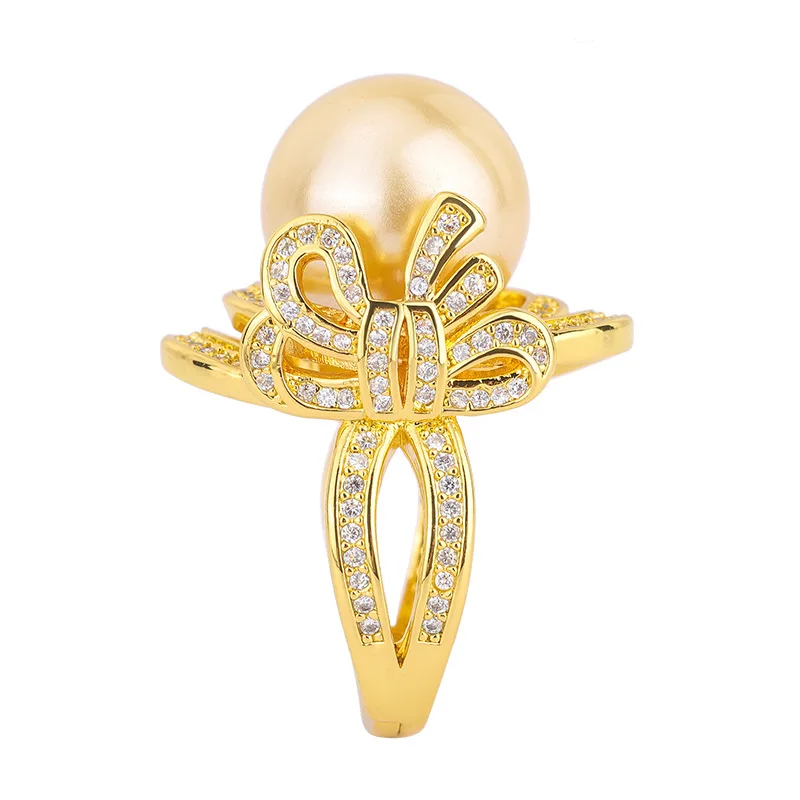 New Jewelry Copper Gold-Plated Shell Pearl Bowknot Geometric Diamond-Studded Elegant Women's Ring 14mm
