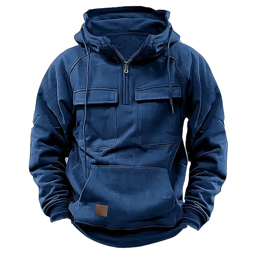 Winter Men Hoodie Drawstring  Sweatshirt Loose Pockets Long Sleeve Big Patch Pocket Half Zipper Elastic Cuff Men Pullover Top