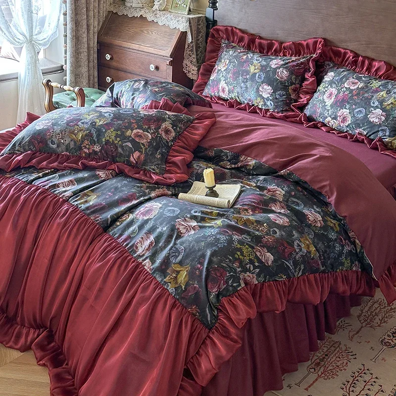 Vintage Victorian 100% Cotton Bedding Set 4-Piece Set Dark Floral Print Wine Red Shiny Ruffled Bed Skirt Duvet Cover Pillowcase