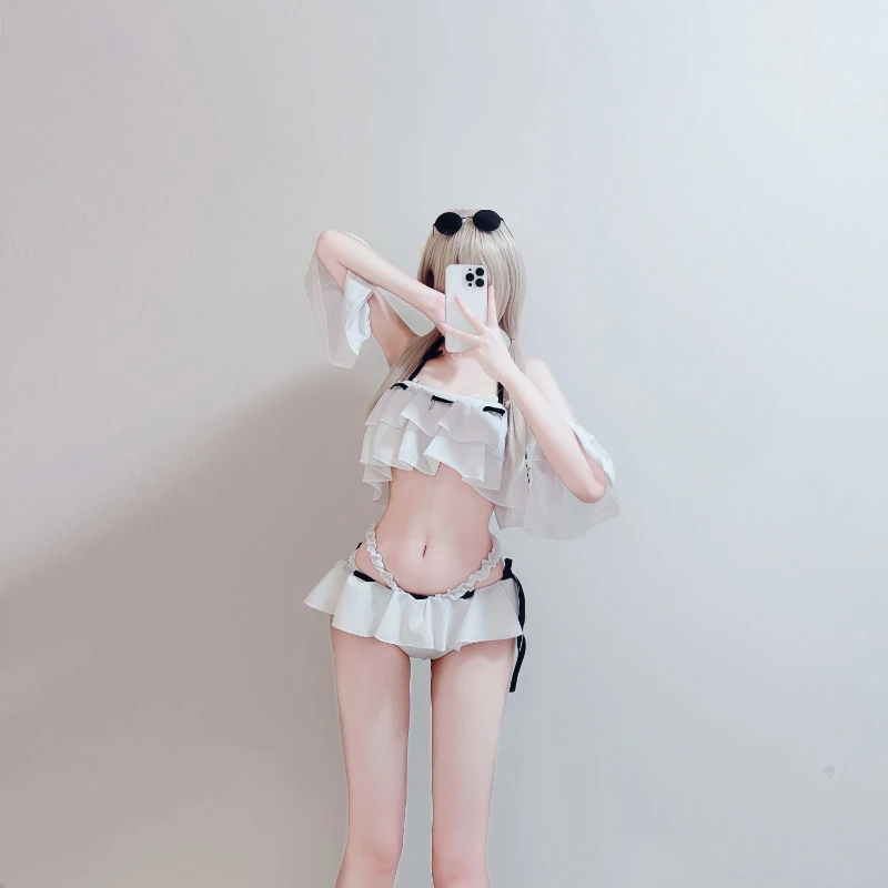White Ruffle Two Piece Bikini Set Women Off Shoulder Flare Sleeve Crop Top with Frill Trim Skirt Bottom Beach Pool Party Bathing