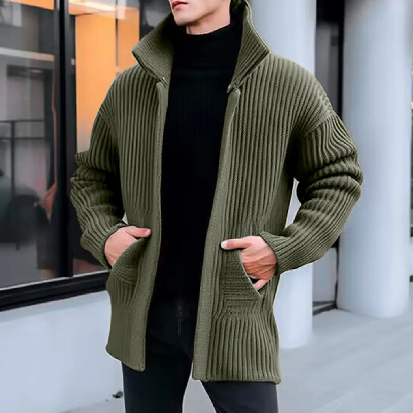 

Осенне-зимний новый свитер, мужское пальто-свитер средней длины, однотонное теплое вязаное универсальное пальто с лацканами