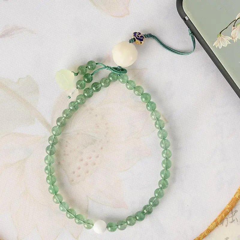 Clear Dew Lotus Fragrance Original  Style Handmade Mobile Phone Lanyard Short Women's Green Strawberry Crystal Bodhi Pendant