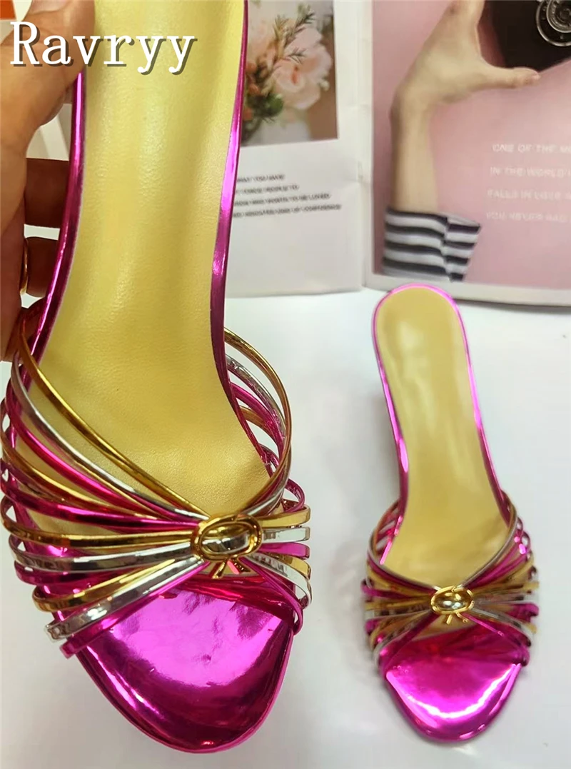 مشبك معدني ضيق النطاق المنسوجة النعال النساء مصمم جديد اللمحة تو الكعب الأوسط الصنادل الصيف موضة فستان الحفلات الأحذية #4