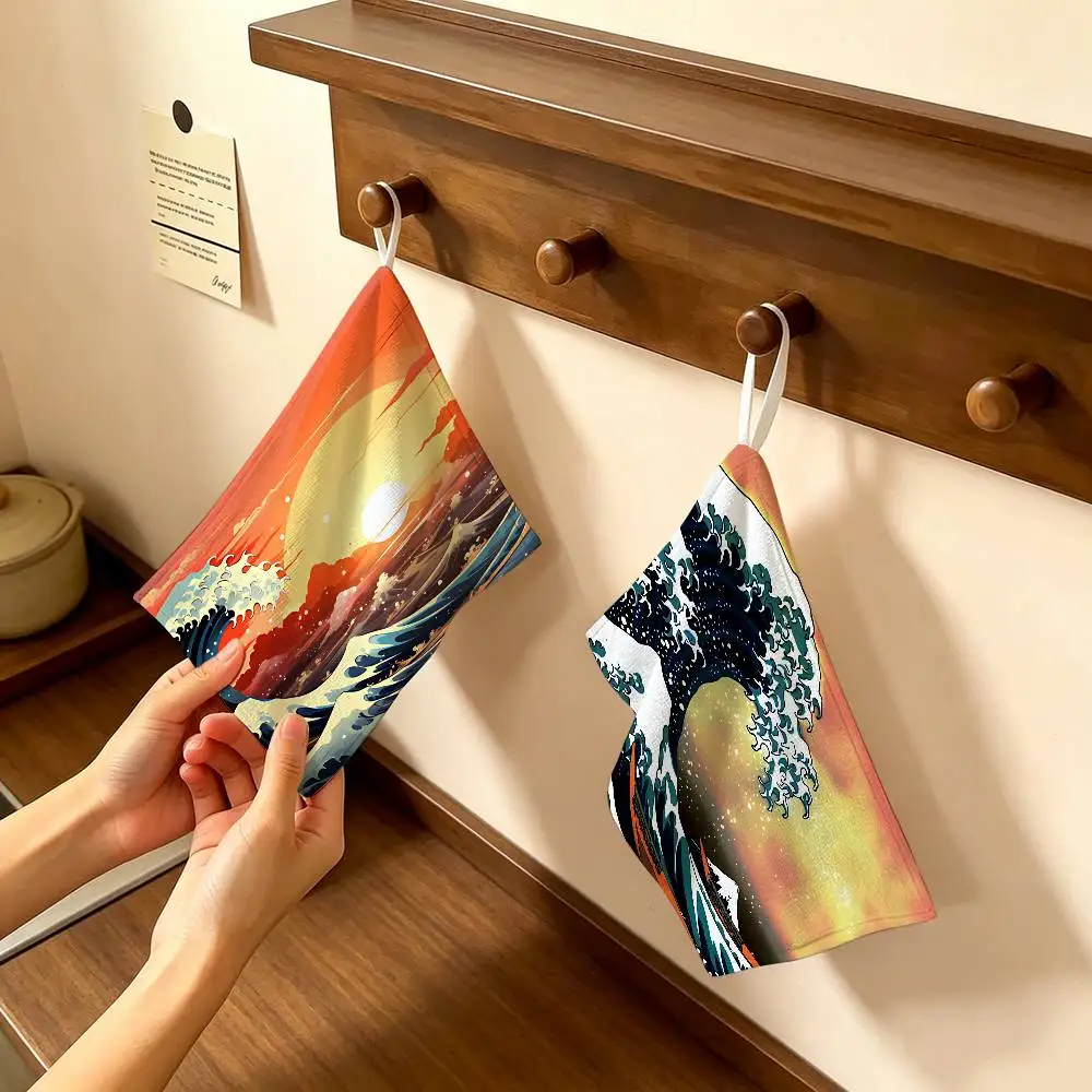 The Great Wave Off Kanagawa Art Polyester Cotton Hand Wiping Towel, Anti-shrink Hanging Kitchen Cloth for Household Cleaning