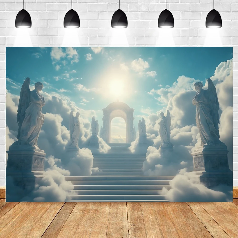 Himmel-Hintergrund, weiße Wolken, Engelsstatue, Treppe, Tür, Ostern, Party, religiöse Aktivitäten, Fotografie-Hintergrund, Fotostudio-Requisiten
