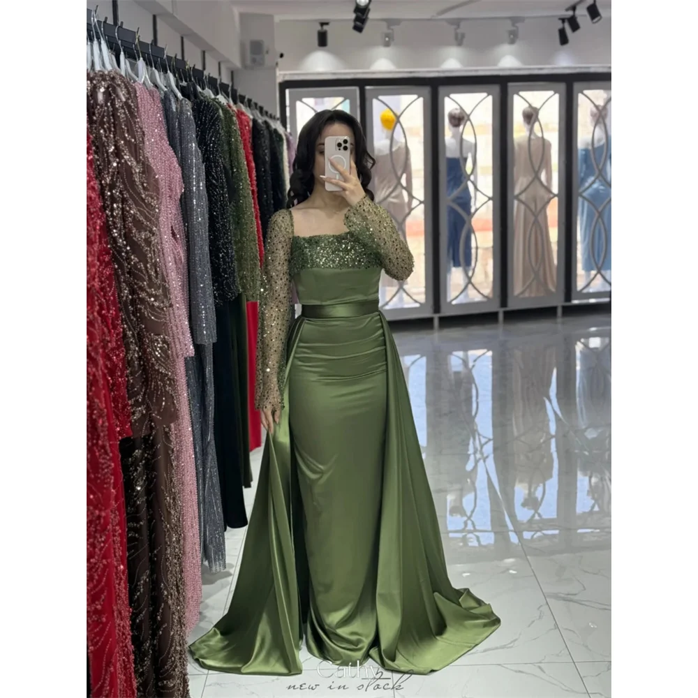 Cathy Customized Green Square Neck Sequin Prom Dress Long Sleeves Detachable Train vestidos de noiva Zip Back Evening Dresses