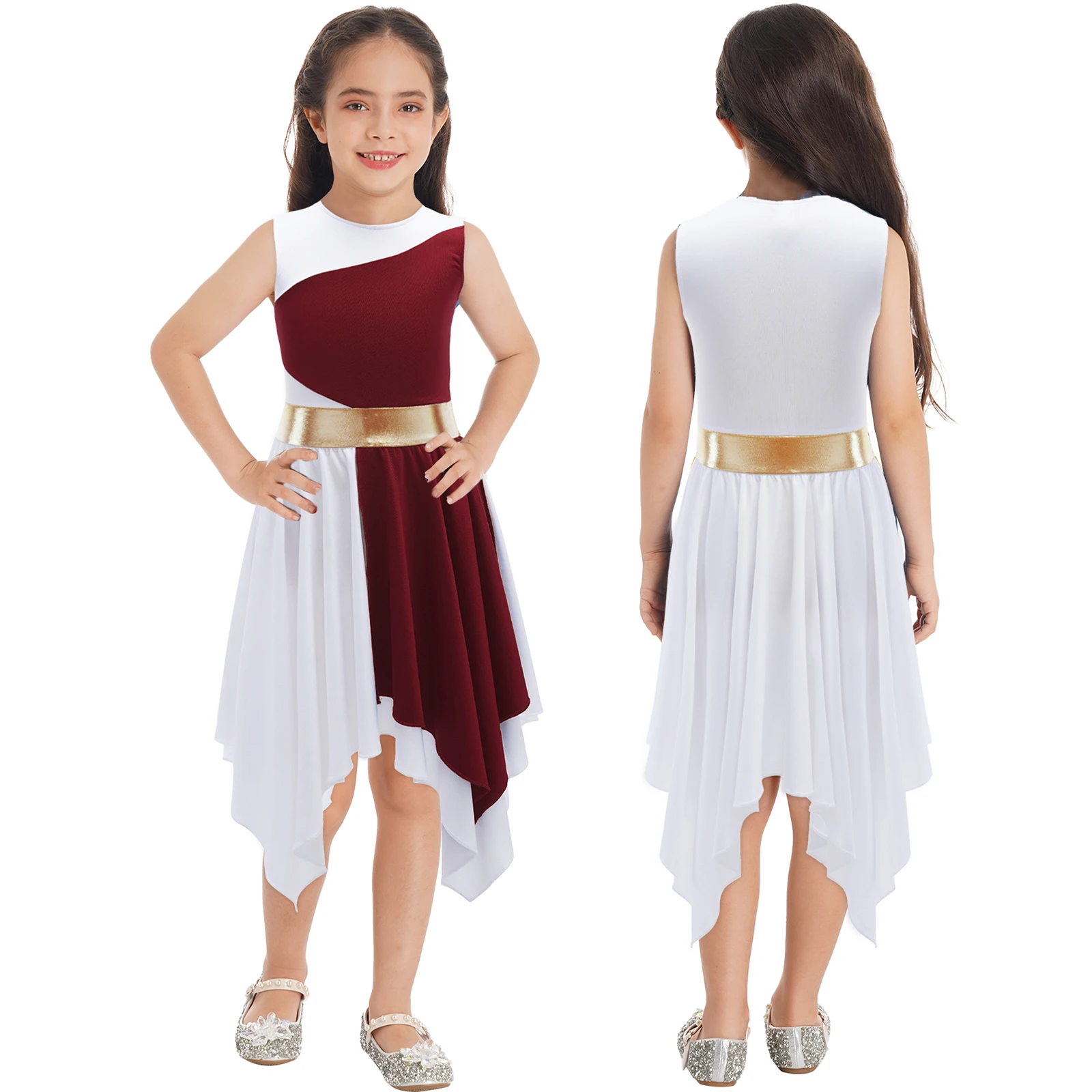 Children Girls Church Choir Costume Praise Modern Lyrical Dance Dress Sleeveless Asymmetrical Hem Dancewear for Ballroom Waltz