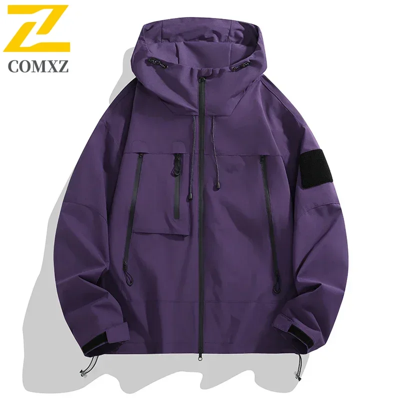 

Men's WindJacket 2024 Spring New Trendy Solid Color Windproof Waterproof Outdoor Camping Hooded Jacket Men Functional Rush Coat