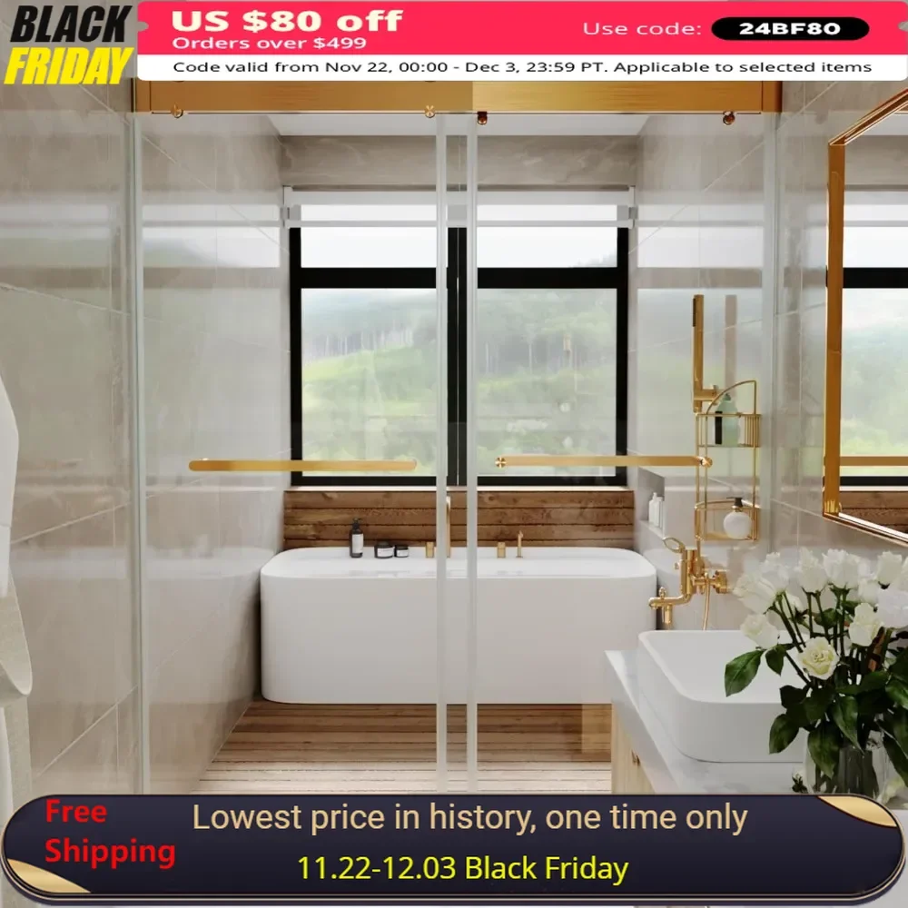 Frameless Shower Door, 56-60“ X 76”, Dual Sliding Soft Close, 3/8” 10mm Tempered SGCC Glass,Width Adjustable,Sliding Shower Door