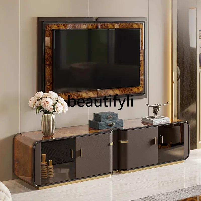 35Light luxury TV cabinet Large apartment Modern Italian high-end leather floor cabinet Coffee table combination cabine
