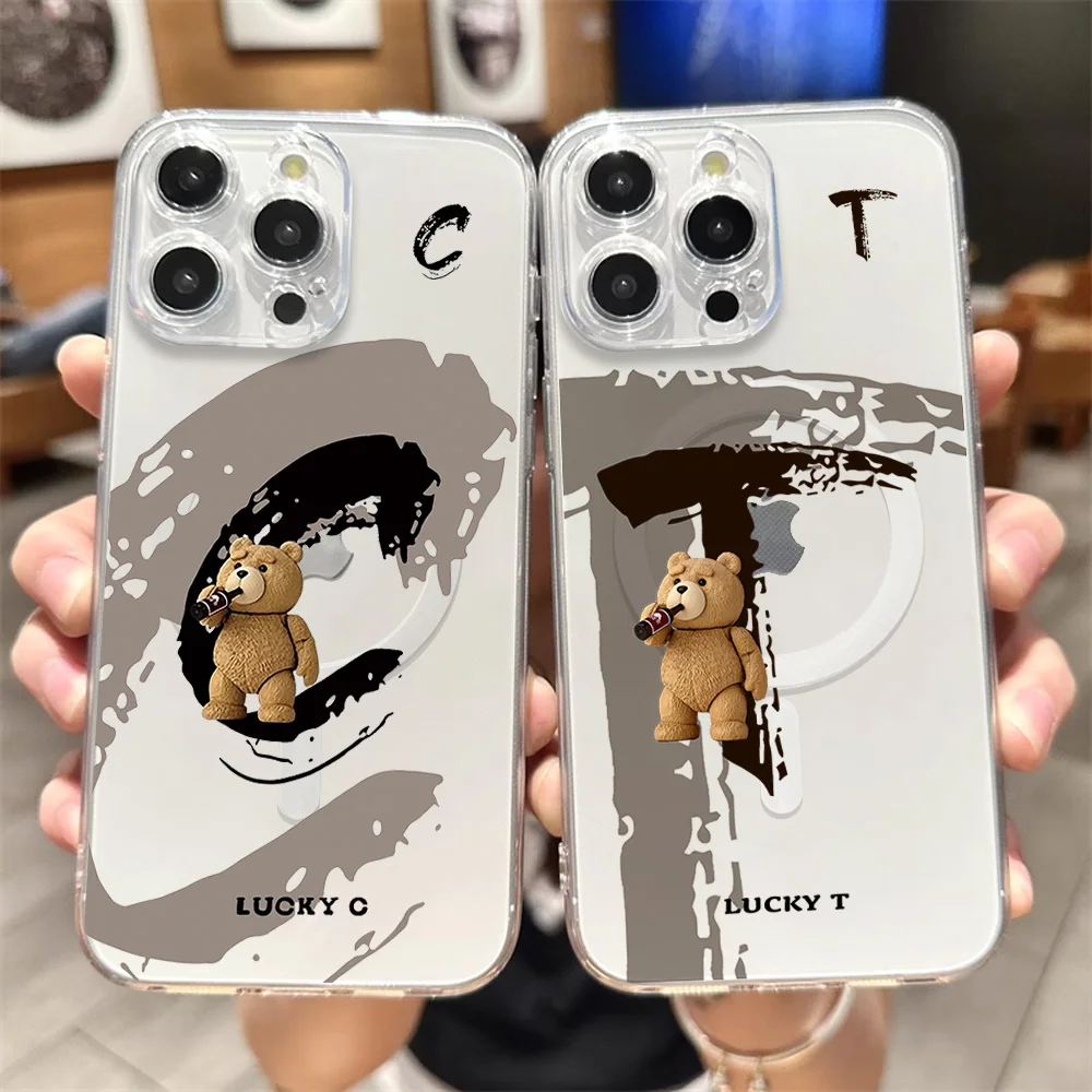 Cute T-Ted B-Bear Phone Case for iPhone 12 11 13 14 15 16 Max Pro Plus Transparent Magsafe Magnetic Wireless Cover