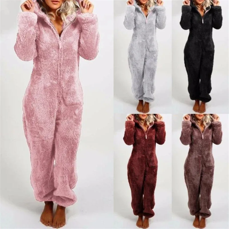 Pijamas cálidos de invierno para mujer, monos de lana esponjosos, ropa de dormir, conjuntos con capucha de talla grande, pijamas para mujer AdultS-5XL