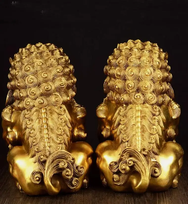 Large Pair Bronze Chinese Lion Foo Dog Statue Figure Sculpture Gold-Color H:20CM